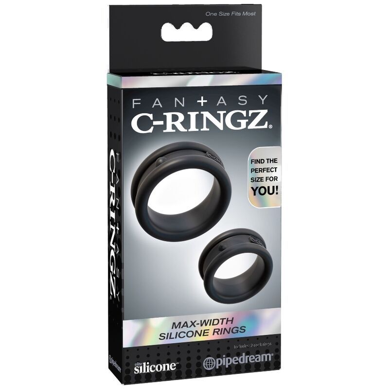 Verpackung für Fantasy C-Ringz Max Width Silikonringe, zeigt zwei schwarze Ringe.