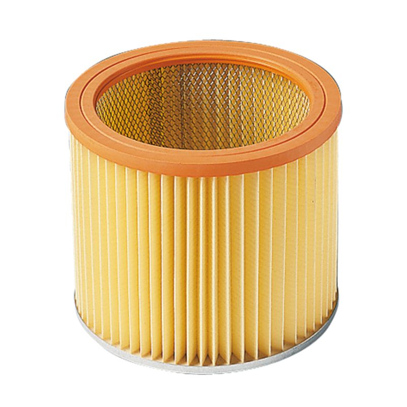 Zylindrischer Patronenfilter. Gelbes, gefaltetes Filterpapier mit orangefarbenen Rändern. Metallgitter im Inneren sichtbar.