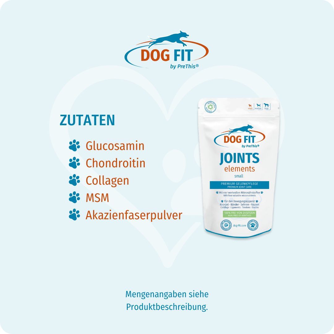 DOG FIT by PreThis® JOINTS elements small. Beutel. Zutaten: Glucosamin, Chondroitin, Collagen, MSM, Akazienfaserpulver.
