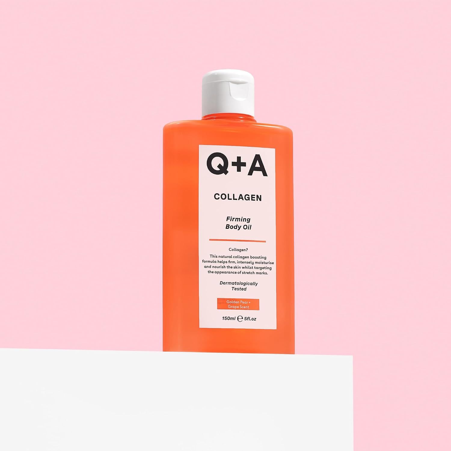 Q+A Collagen Firming Body Oil in orangefarbener Flasche, 150 ml.