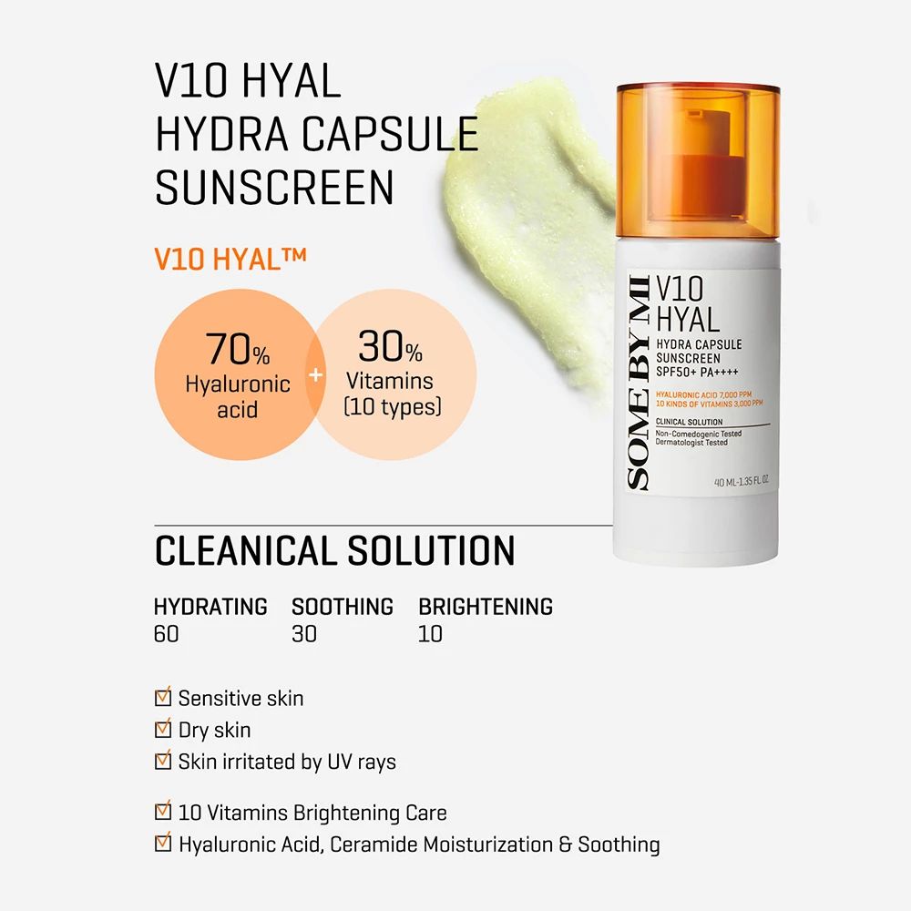 Produktabbildung mit Text. SOME BY MI V10 Hyal Hydra Capsule Sunscreen. Enthält Hyaluronsäure und Vitamine. Klinische Lösung.