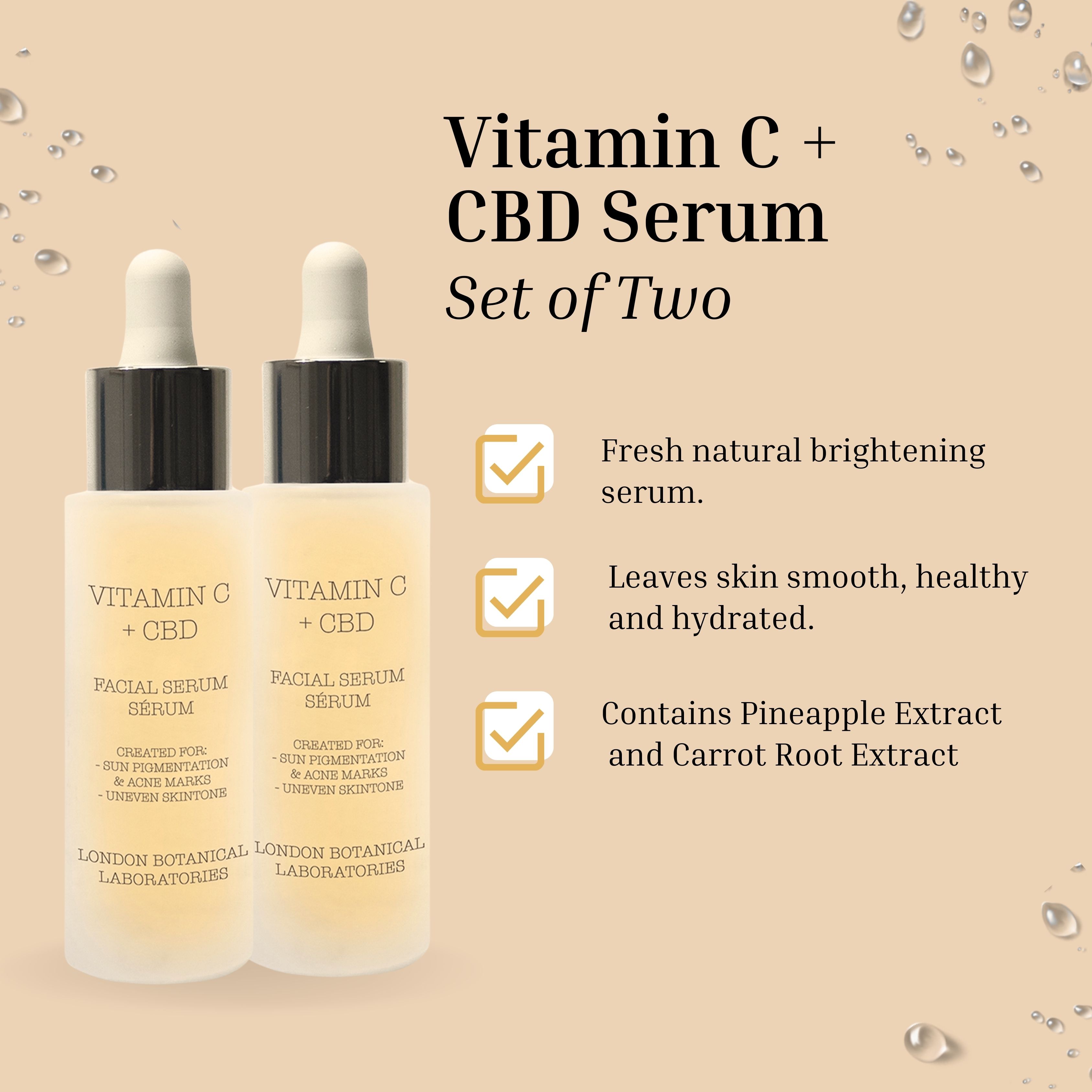 Zwei Serumflaschen mit Pipetten. Aufschrift: Vitamin C + CBD. Text: Set of Two. Textboxen mit Produktvorteilen.