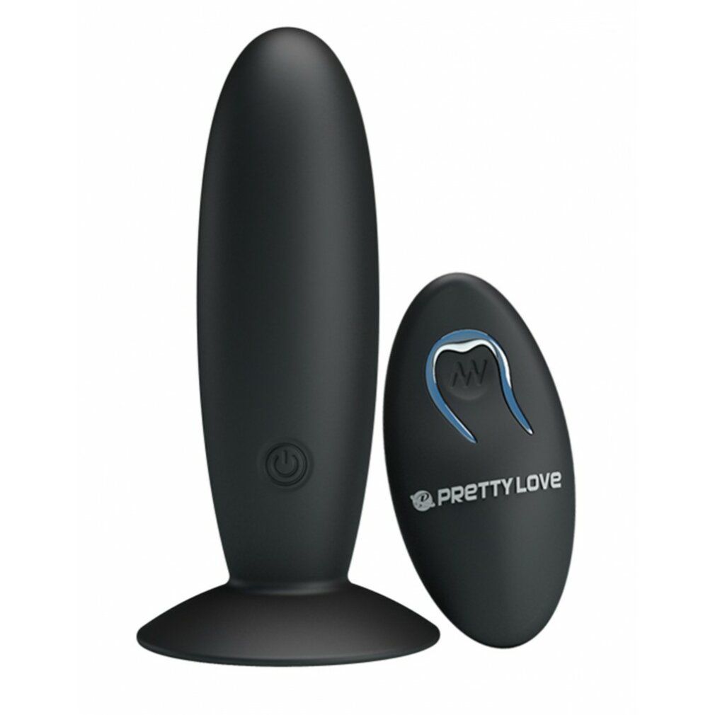 Schwarzer, kegelförmiger Plug mit Basis und Fernbedienung. Fernbedienung mit Logo und Symbolen. Ein/Aus-Taste am Plug.