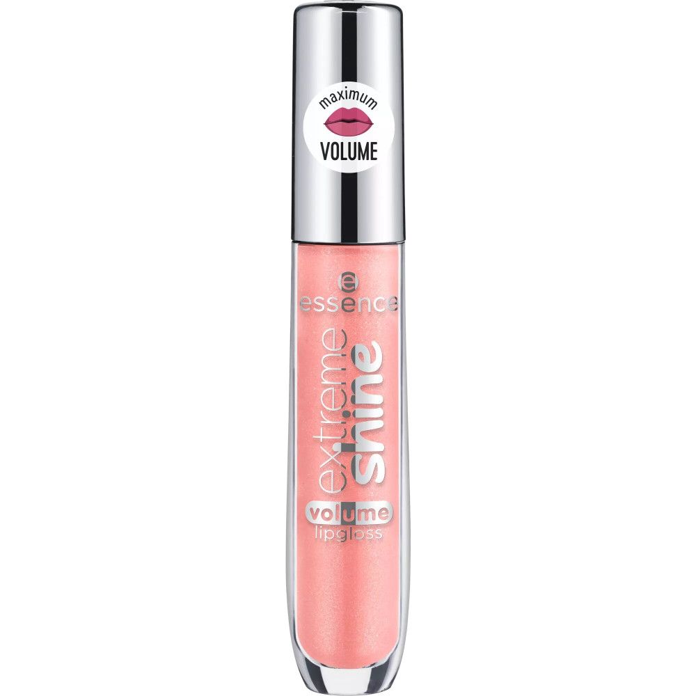 Lipgloss-Tube mit silbernem Deckel. Aufkleber mit Lippen-Symbol und Schriftzug „VOLUME“. Produktname „extreme shine volume lipgloss“.