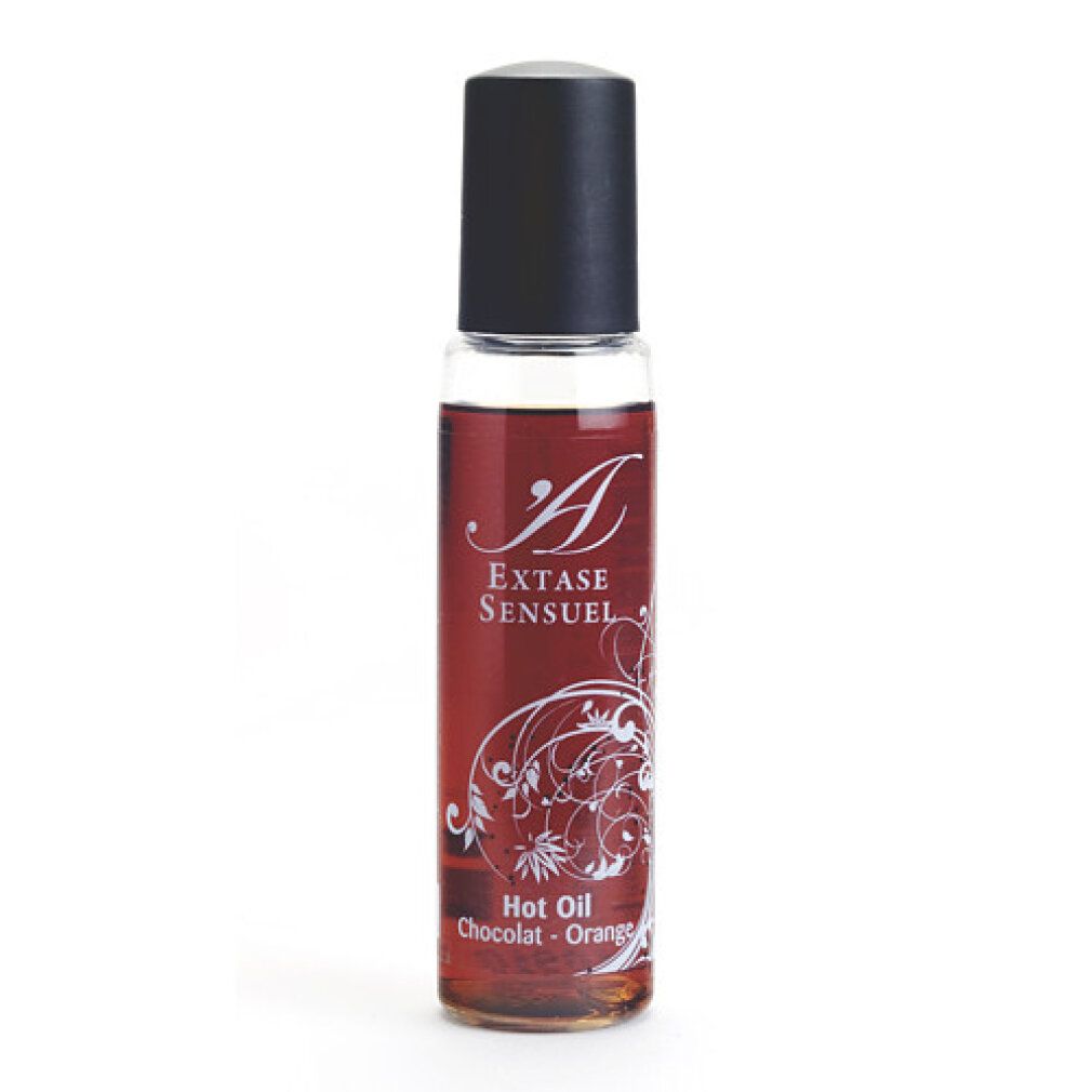 Flasche mit dunklem Massageöl, schwarzem Deckel und Etikett mit floralem Muster.
