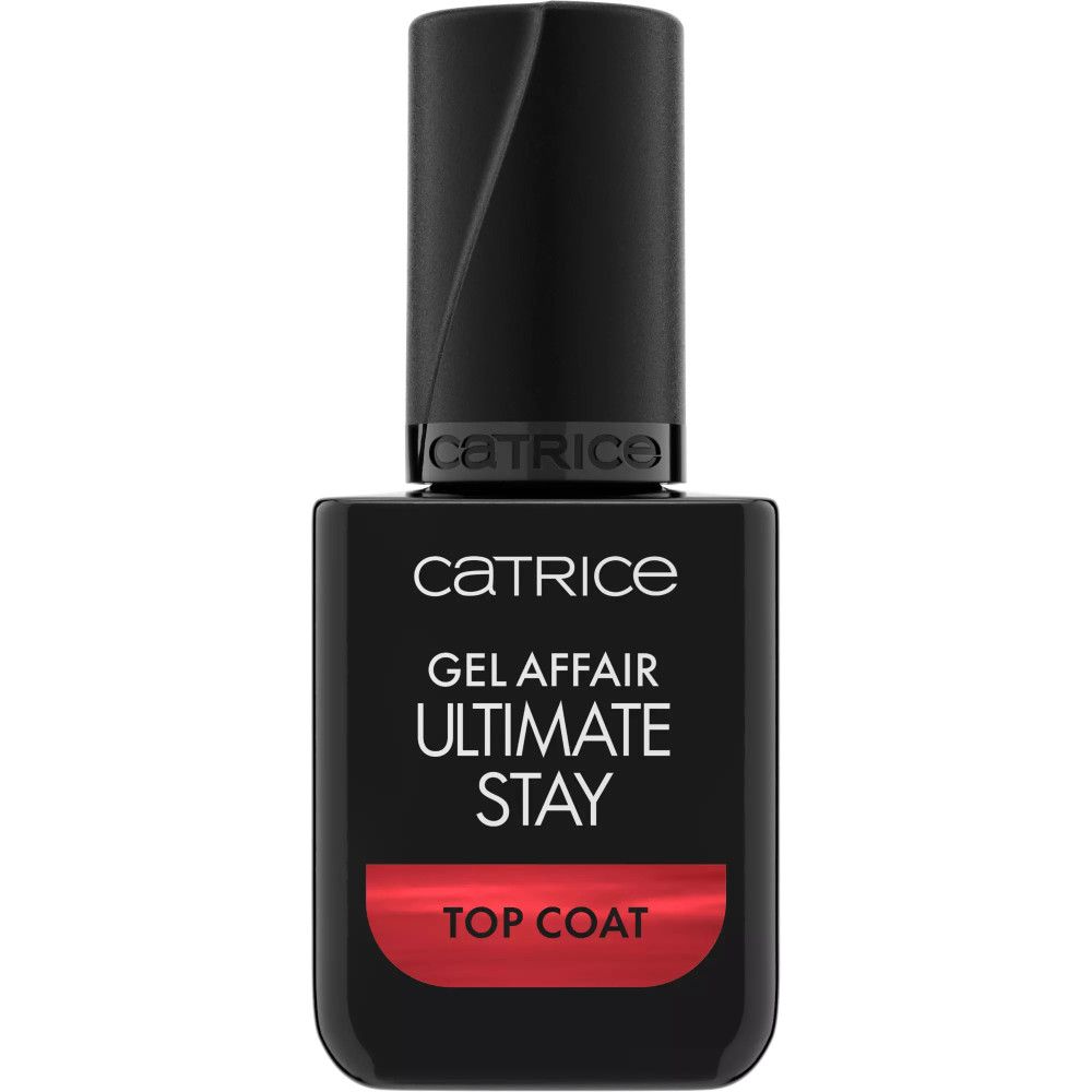 Schwarze Flasche mit schwarzem Deckel. Aufschrift: Catrice, Gel Affair, Ultimate Stay, Top Coat.