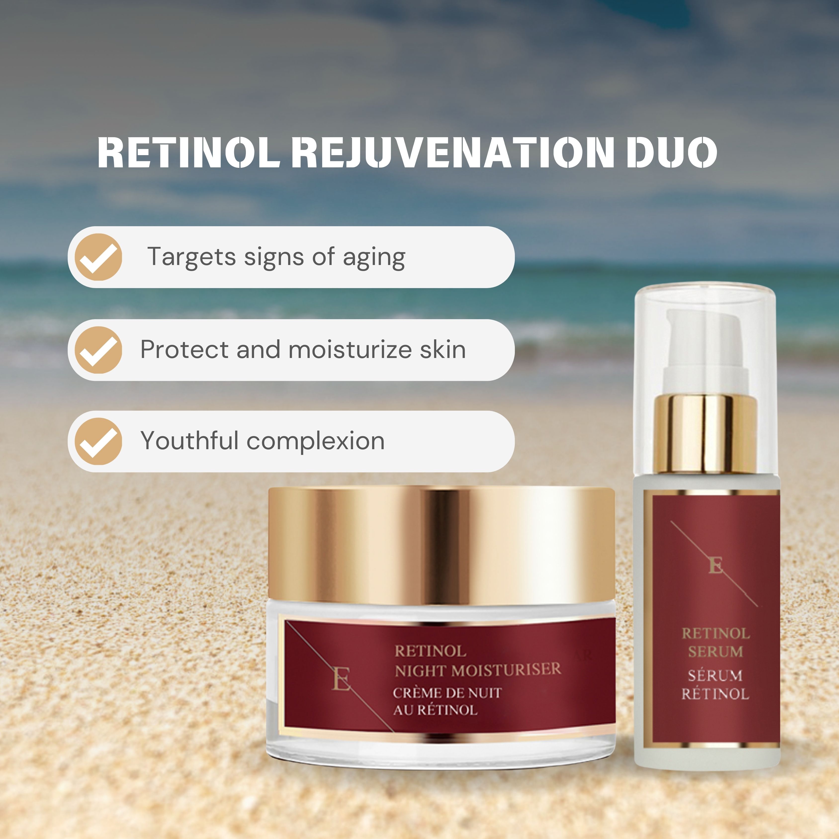 Retinol Rejuvenation Duo. Retinol Nachtfeuchtigkeit und Retinol Serum. Auf Sand, mit Text-Elementen zu den Vorteilen.