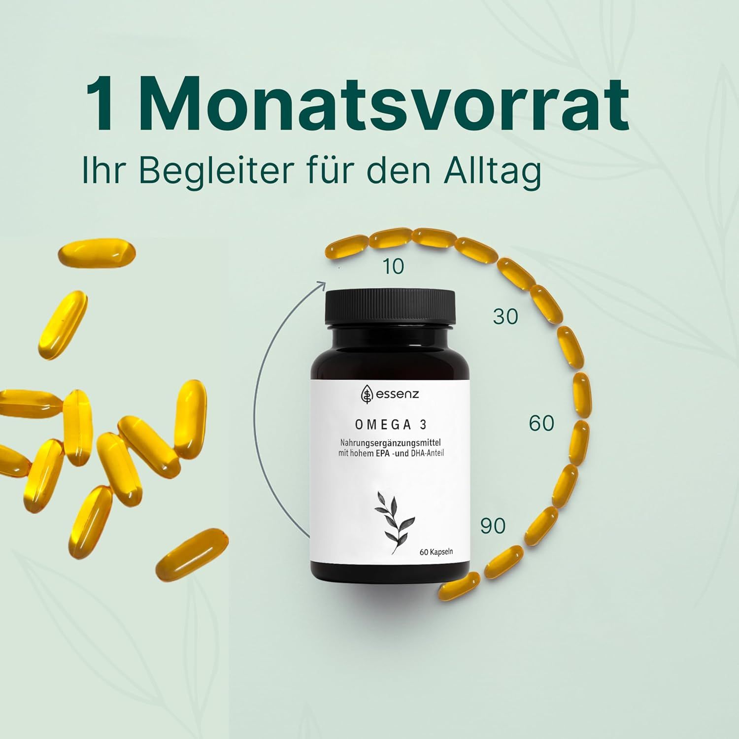 Braune Flasche mit ESSENZ Omega 3 Kapseln, umgeben von gelben Kapseln. Aufschrift: 1 Monatsvorrat. 60 Kapseln. Anzeige von 10 bis 90 Kapseln.