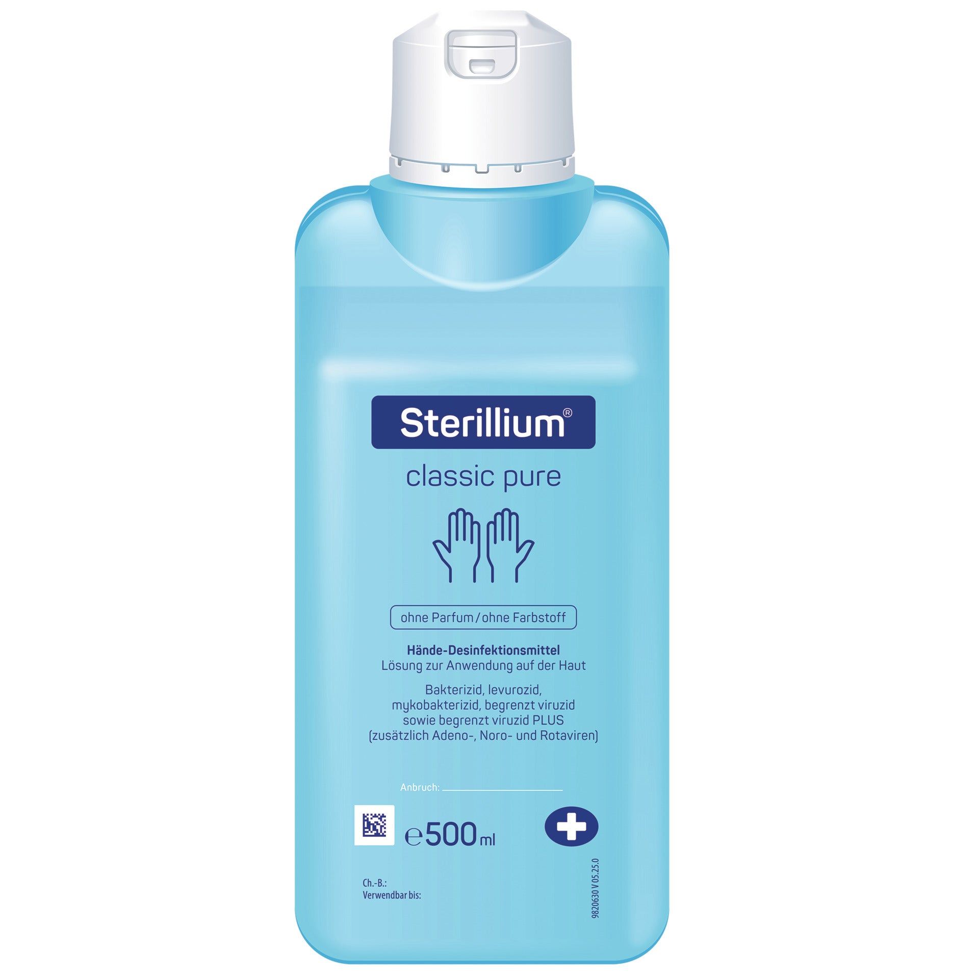 Hellblaue Flasche mit weißem Deckel. Aufschrift: Sterillium classic pure. Händedesinfektionsmittel. 500ml.