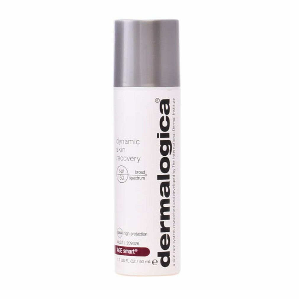 Weiße Flasche mit silbernem Deckel. Aufschrift: dynamic skin recovery SPF50. Marke: Dermalogica. Lila Schriftzug: AGE smart.