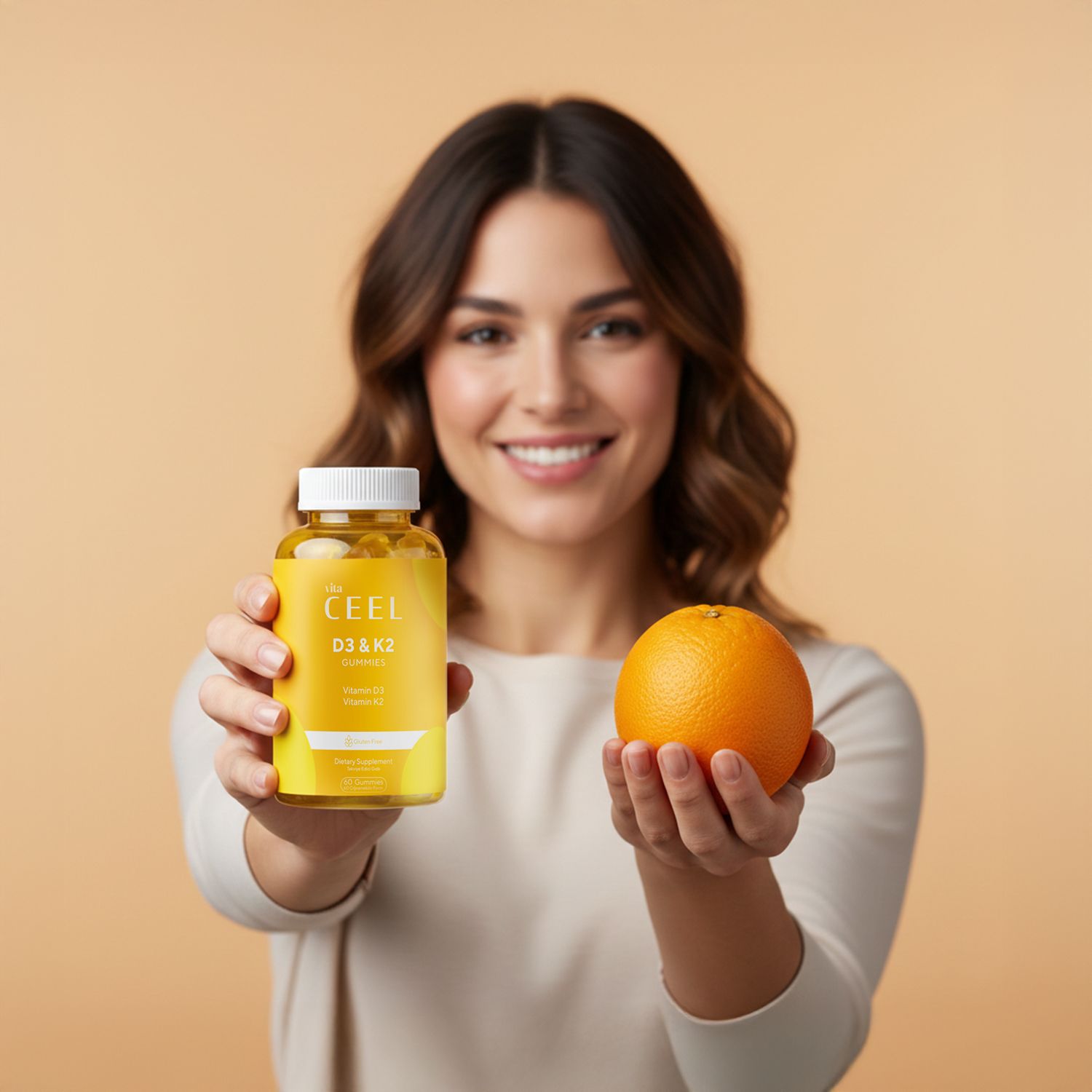Frau hält eine VITA CEEL D3 K2 Gummies Flasche und eine Orange.