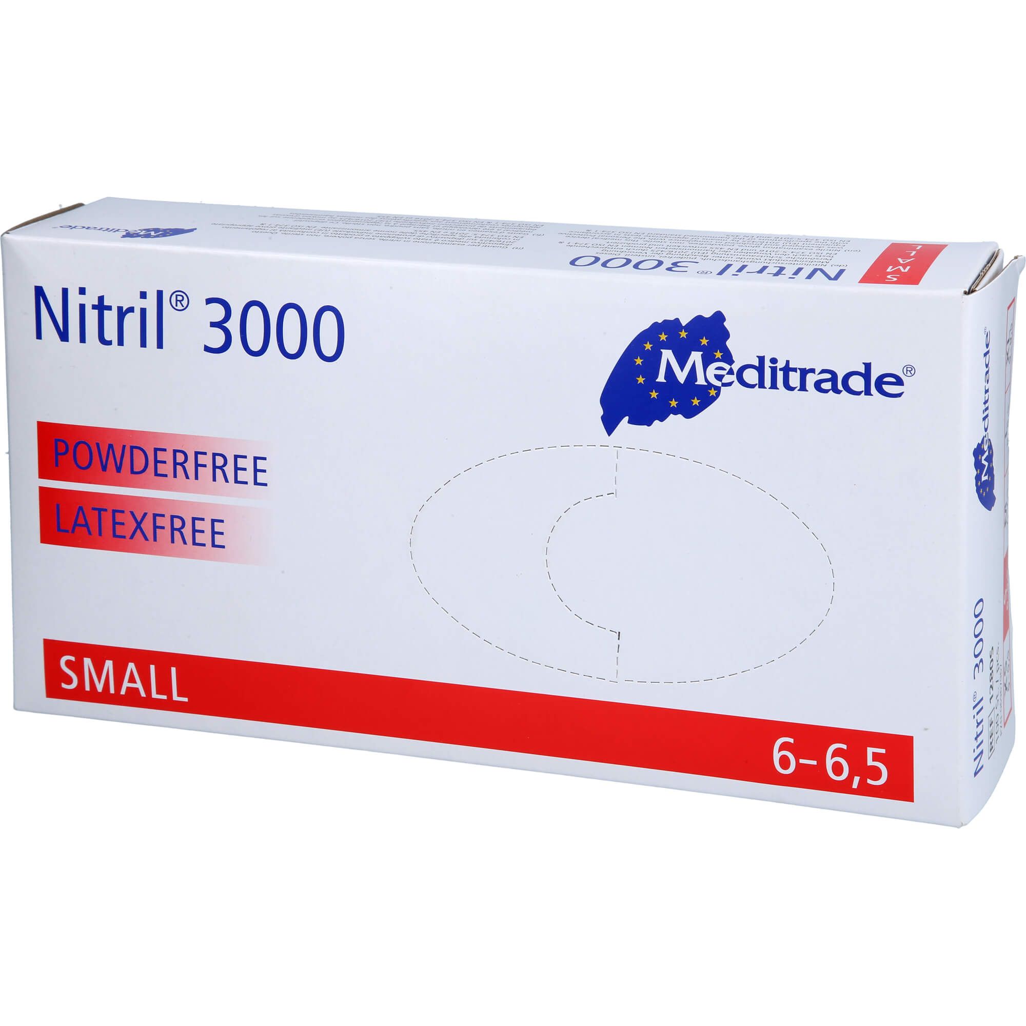 Weiße Schachtel mit blauer Aufschrift Nitril 3000, Meditrade Logo. Text: Powderfree, Latexfree, Small, 6-6,5.