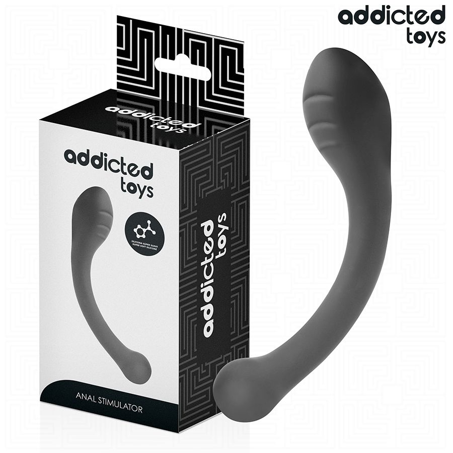 Grauer Silikon-Analstimulator mit Verpackung. Marke: Addicted Toys.