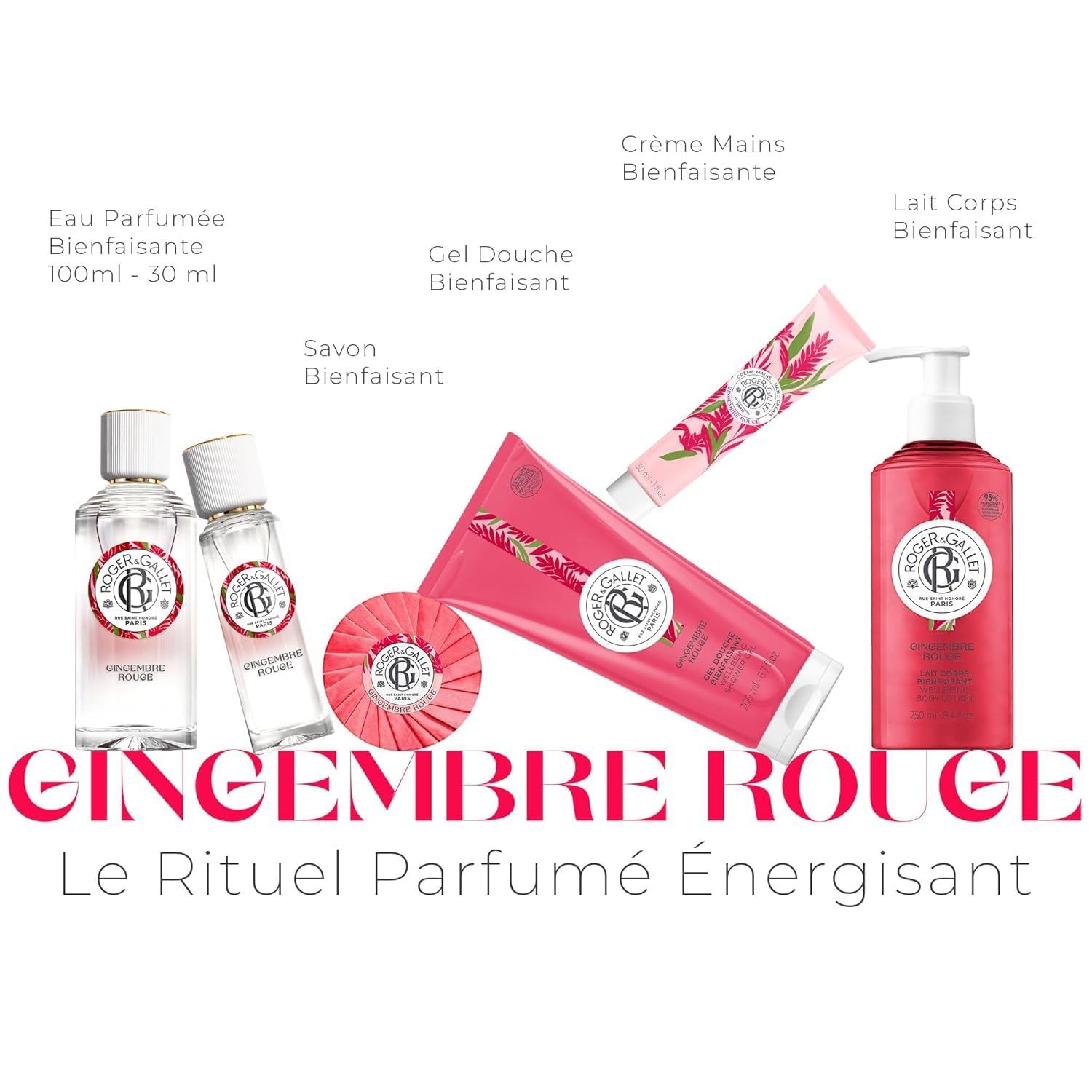 Verpackung mit runder, roter Seife, ROGER&GALLET Logo und "Gingembre Rouge" Aufschrift.