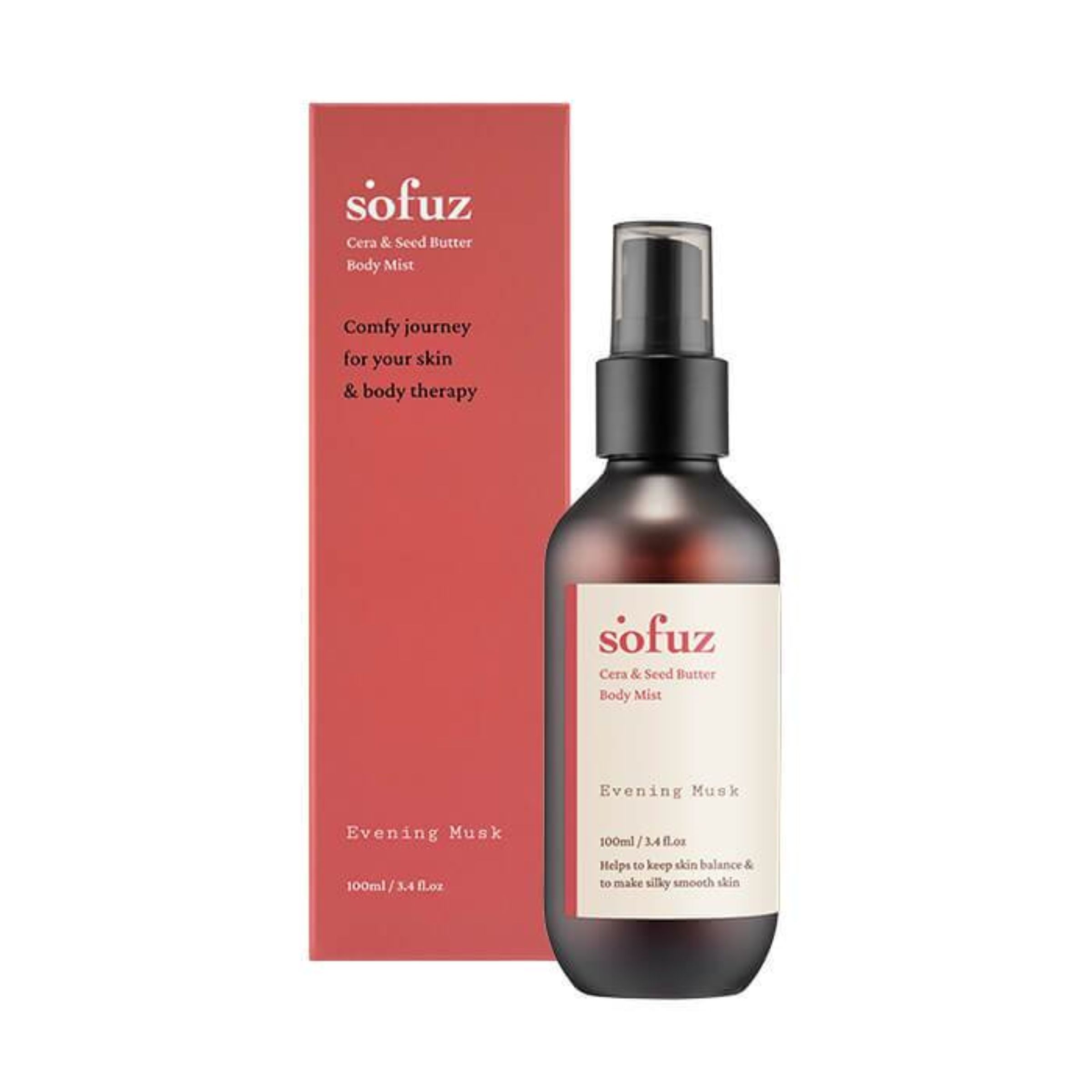 Braune Flasche und rote Verpackung. Aufschrift: Sofuz, Cera & Seed Butter Body Mist, Evening Musk. Text: Comfy journey for your skin & body therapy.