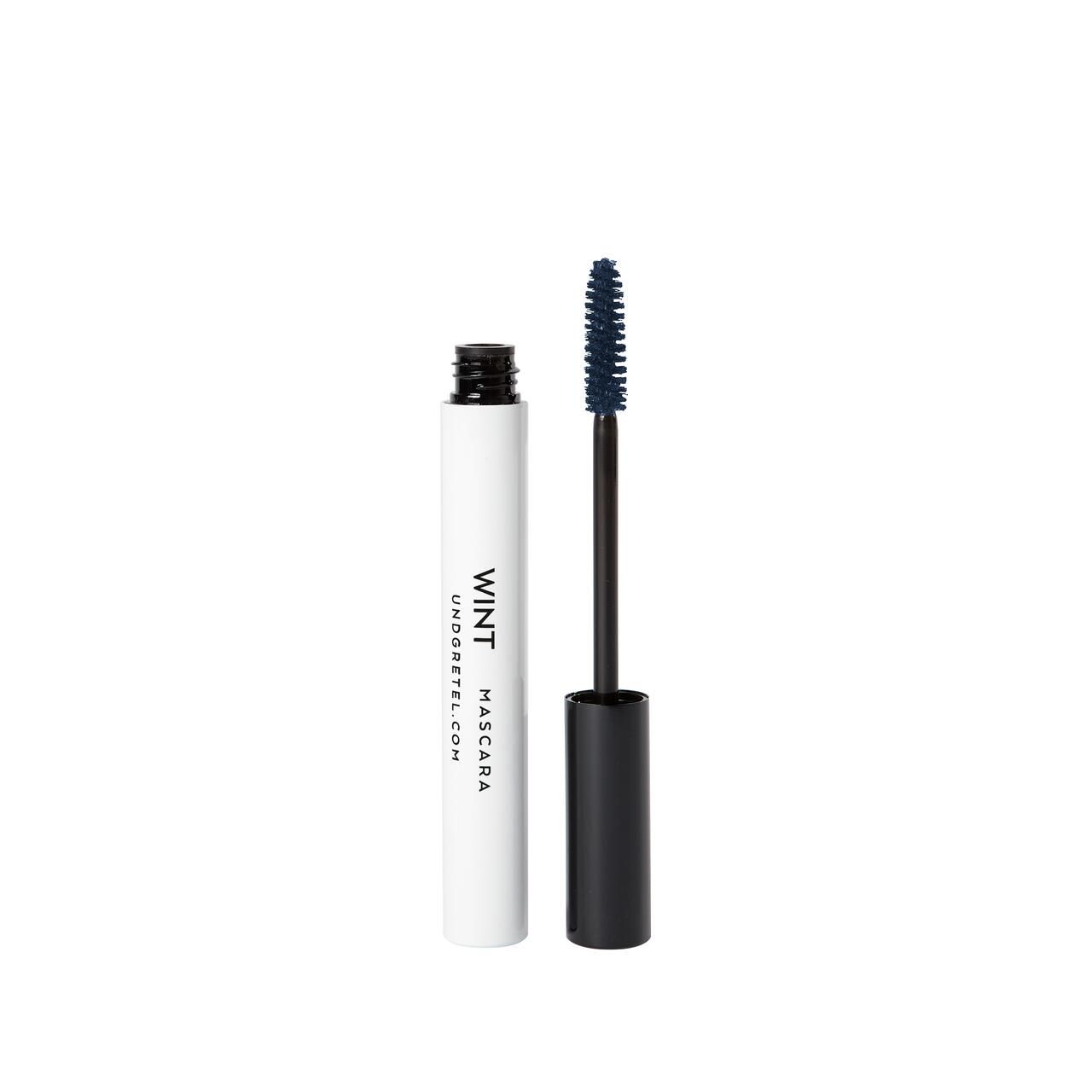 Mascara-Flakon mit Bürste. Weißer Behälter mit schwarzem Deckel und Bürste.