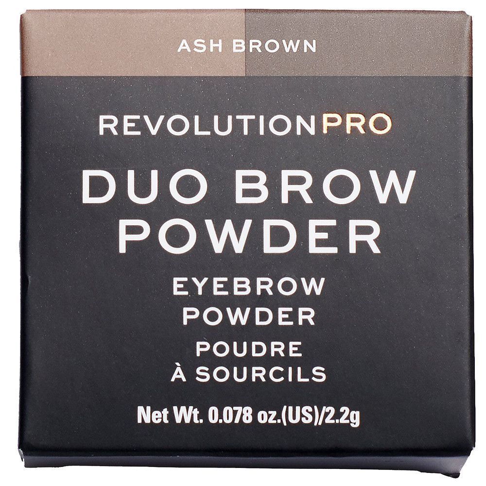 Kartonverpackung mit "REVOLUTION PRO" und "DUO BROW POWDER" Schriftzug. Oben "ASH BROWN".