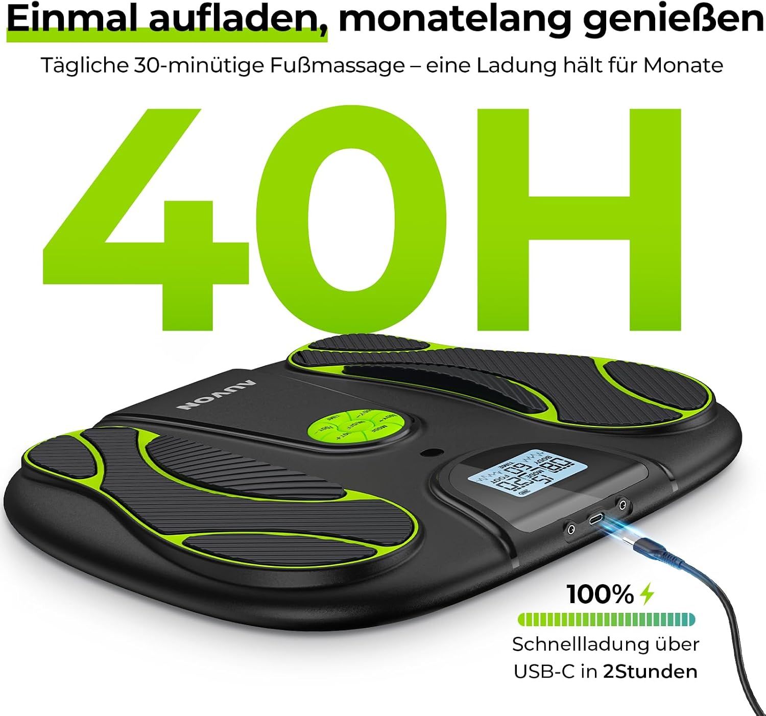 Fußmassagegerät mit Ladeanschluss und Anzeige für Schnellladung.
