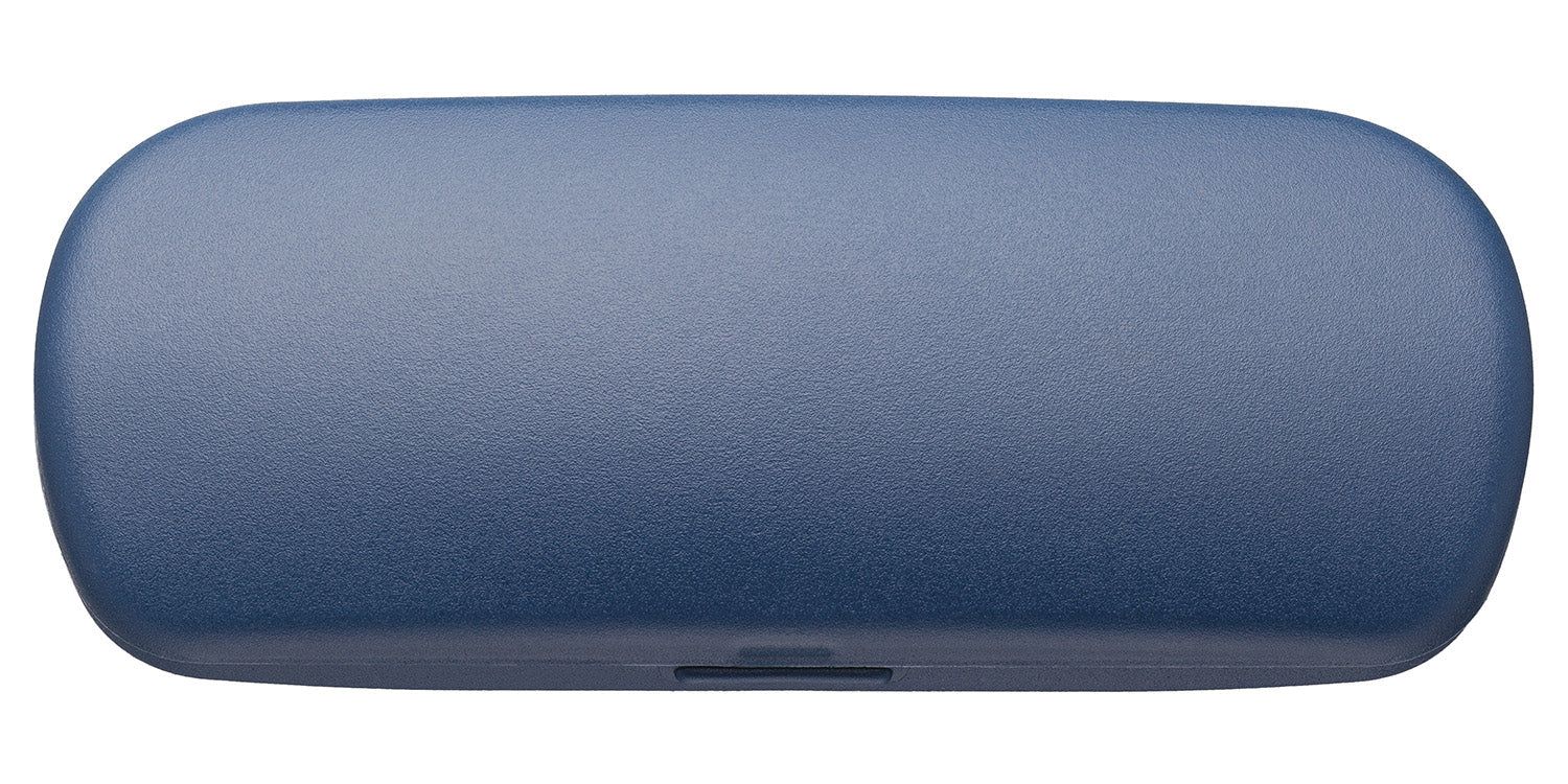 Blaues Kunststoff-Etui, rechteckig mit abgerundeten Ecken. Oberseite geschlossen, mit kleinem Verschluss.