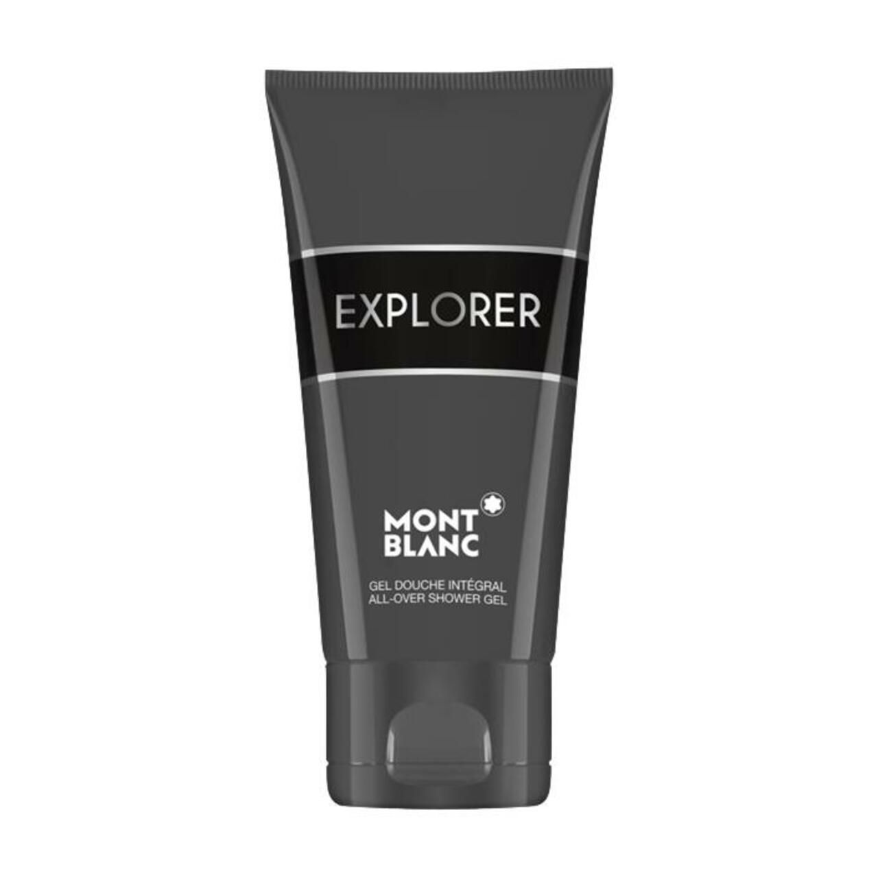 Dunkelgraue Tube mit weißer EXPLORER-Aufschrift und MONTBLANC-Logo. Gel Douche Integral.