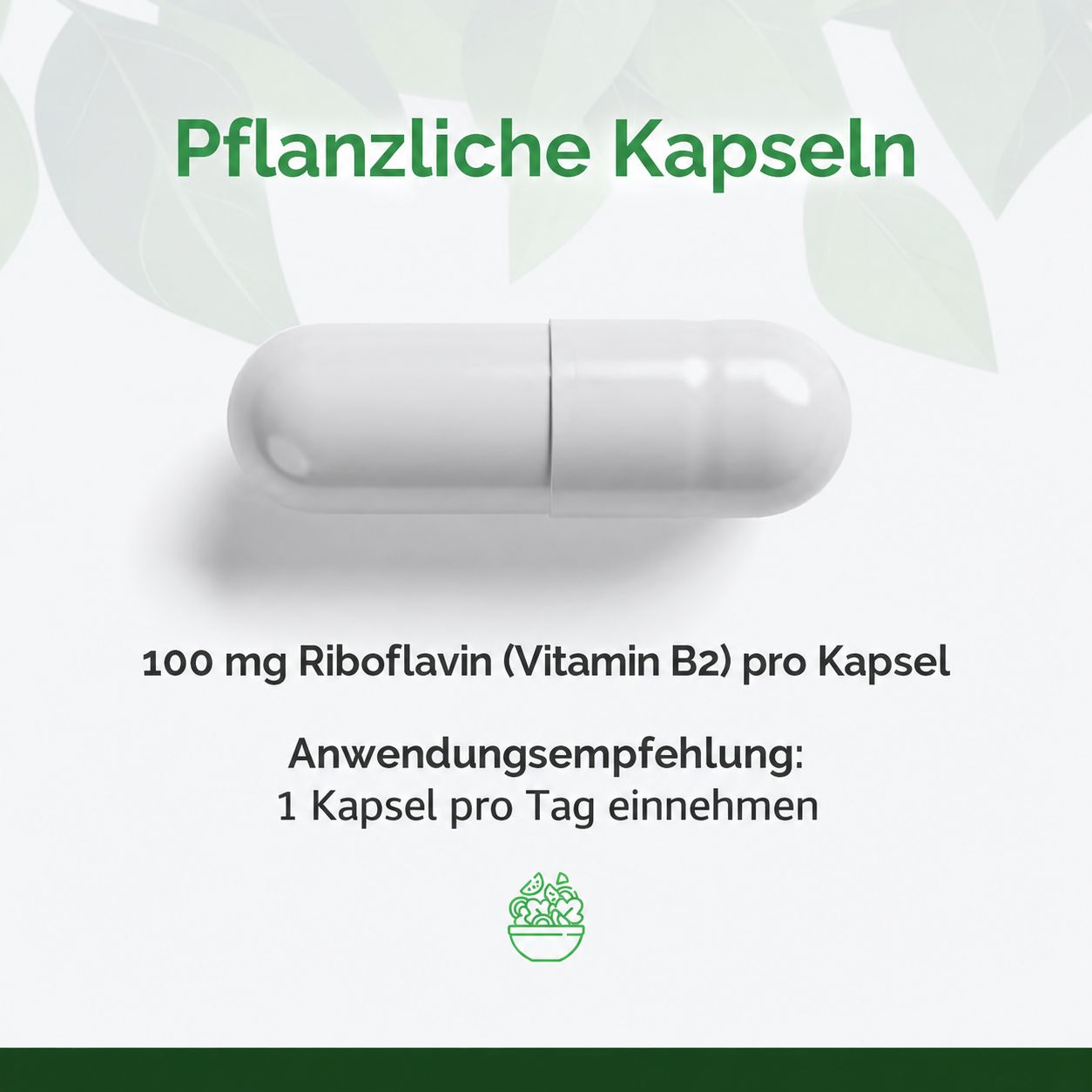 Pflanzliche Kapseln mit 100 mg Riboflavin (Vitamin B2) pro Kapsel.