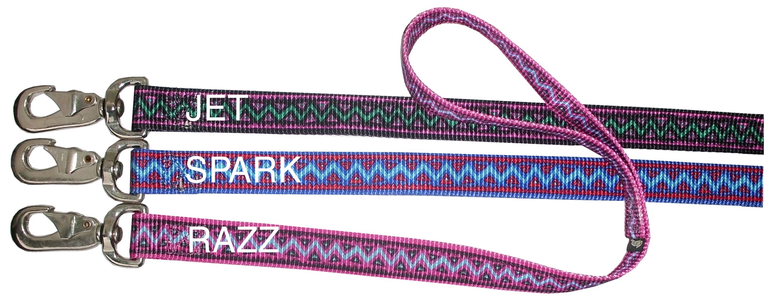 Drei Hundeleinen mit Karabinerhaken. Auf jeder Leine steht ein Name: JET, SPARK, RAZZ. Verschiedene Farben und Muster.