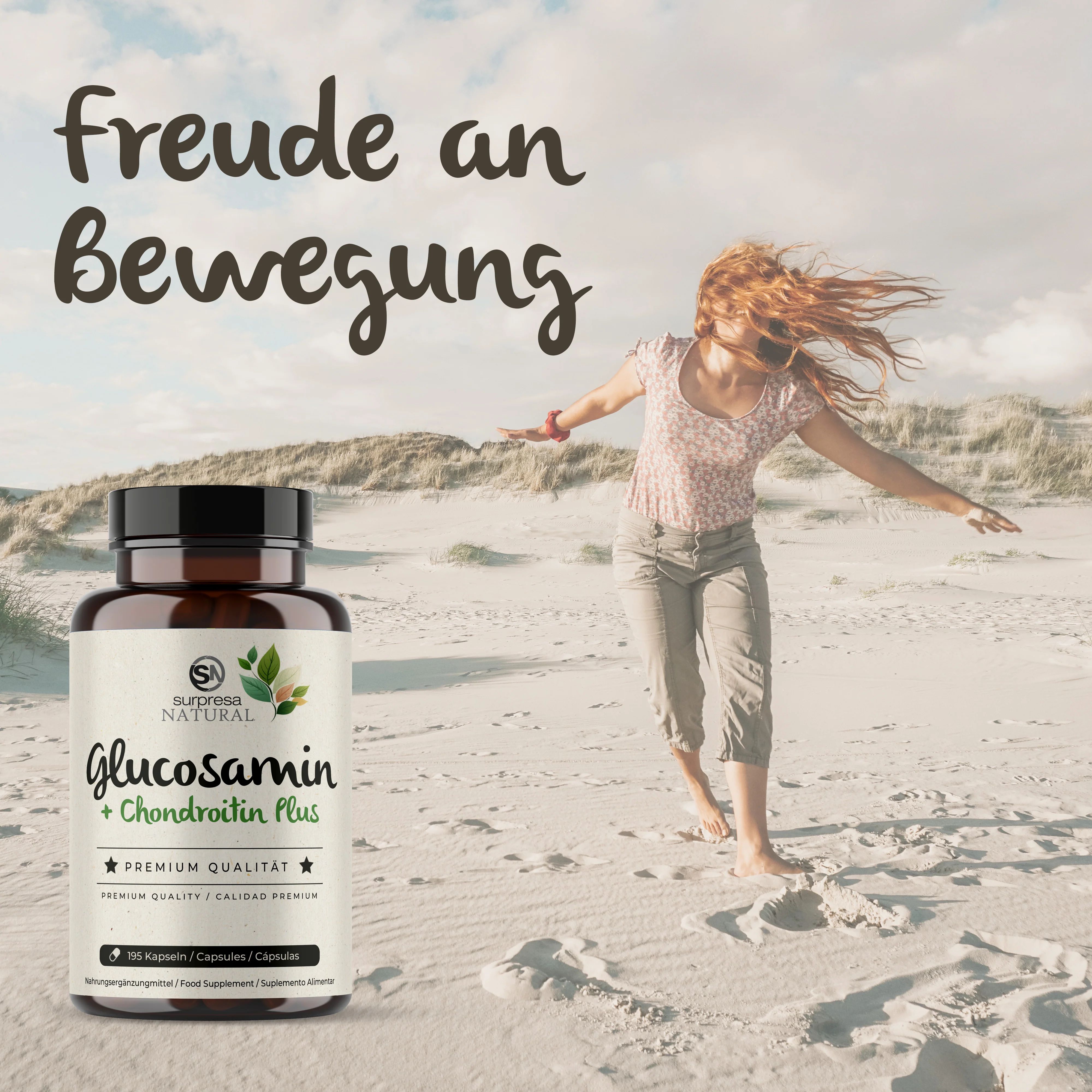Braune Flasche mit schwarzen Deckel. Aufschrift: Glucosamin + Chondroitin Plus. Premium Qualität. Frau am Strand im Hintergrund.
