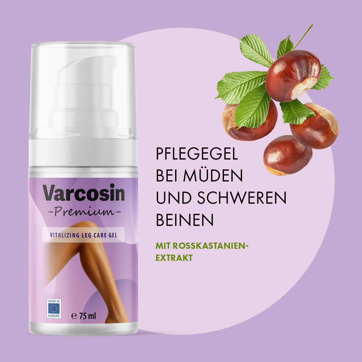 Gelflasche mit Kastanien und Blättern. Aufschrift: Varcosin Premium, Vitalizing Leg Care Gel. Enthält 75 ml.