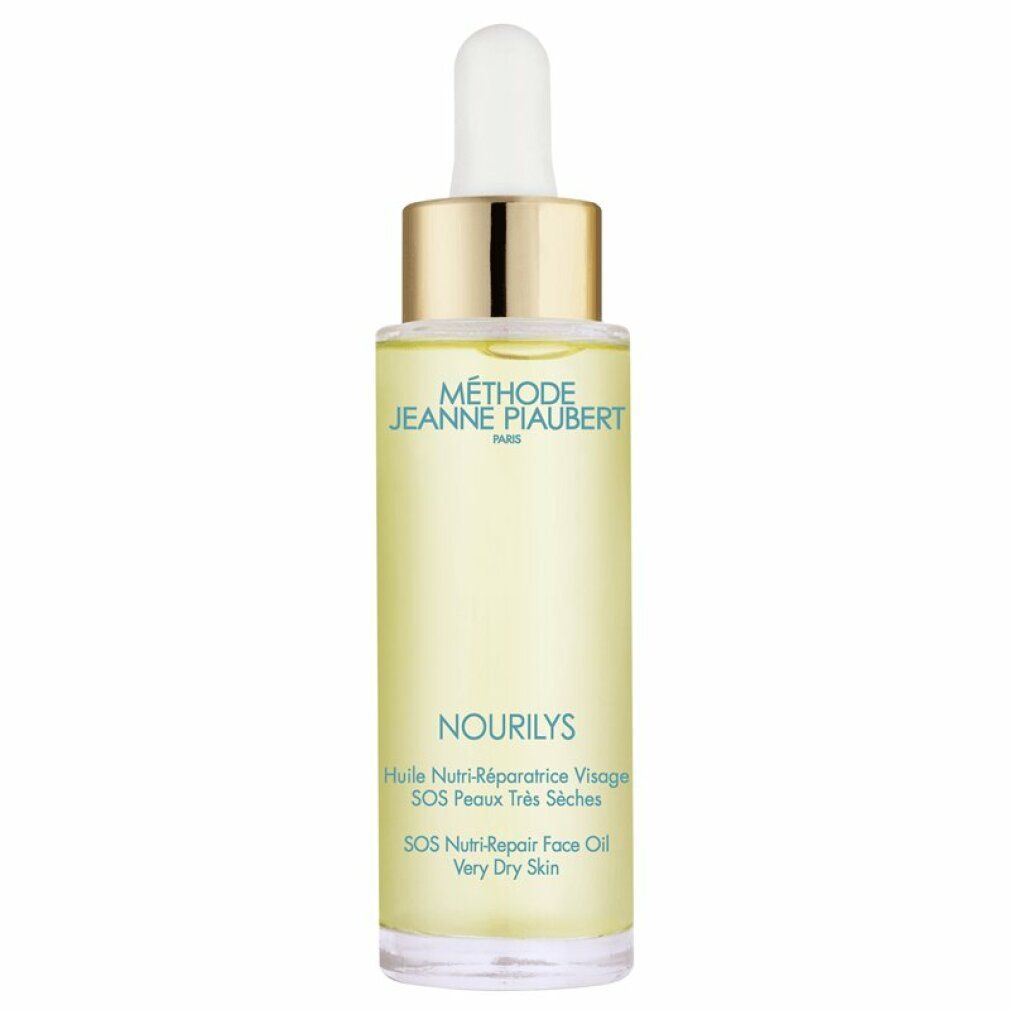 Gesichtsölflasche mit goldener Kappe und weißem Tropfer. Aufschrift: NOURILYS, SOS nutri-repair face oil.