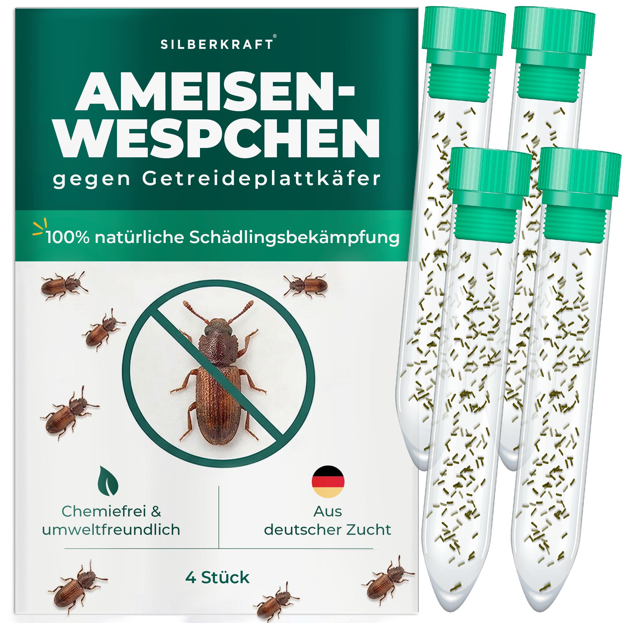 Verpackung mit vier Röhrchen, die Ameisenwespen gegen Getreideplattkäfer enthalten. "100% natürliche Schädlingsbekämpfung".