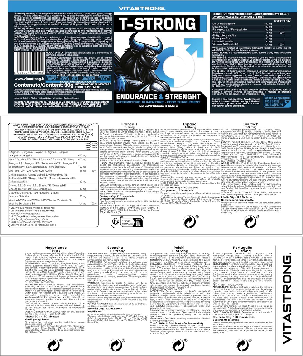 Produktverpackung mit Informationen. Aufschrift T-Strong, Inhaltsstoffe, Nährwertangaben, Gebrauchsanweisung in verschiedenen Sprachen.