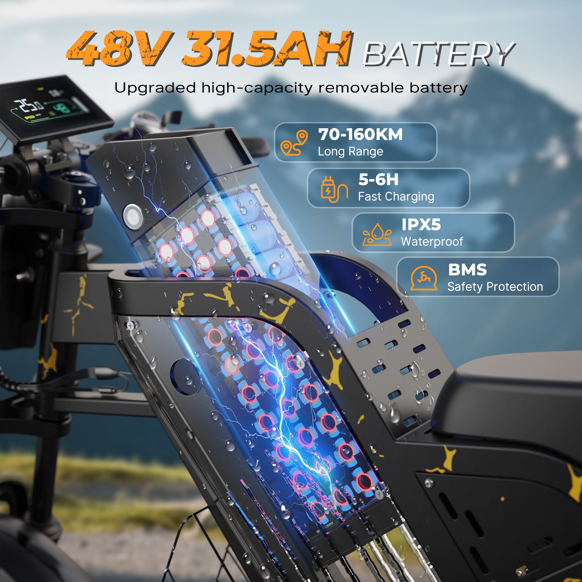 Nahaufnahme der Batterie eines Elektrofahrrads. Text: 48V 31.5AH BATTERY, 70-160KM, 5-6H, IPX5, BMS.