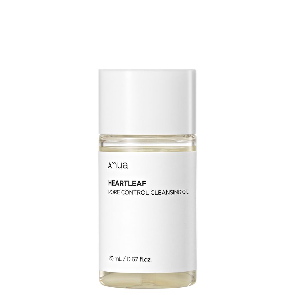 Klarflüssiges Produkt in einer weißen Flasche mit weißem Deckel. Aufschrift: Anua, HEARTLEAF, PORE CONTROL CLEANSING OIL. Volumen: 20 ml / 0.67 fl.oz.
