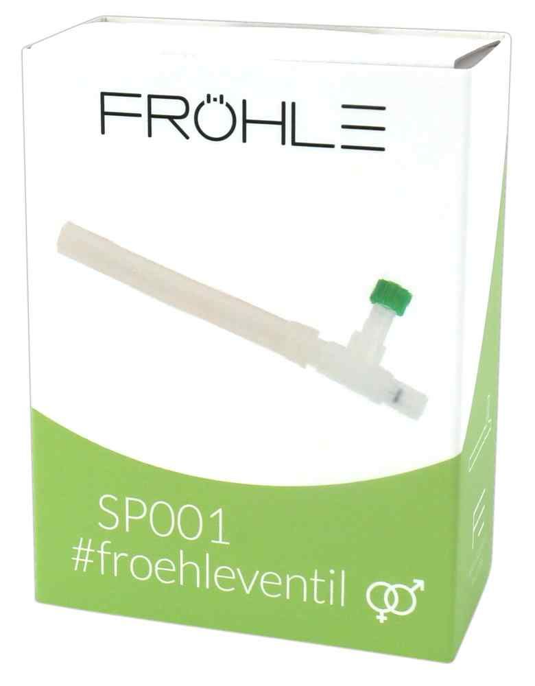 Fröhle SP001 Ventil auf weißem Karton mit grünen Akzenten und Produktabbildung.
