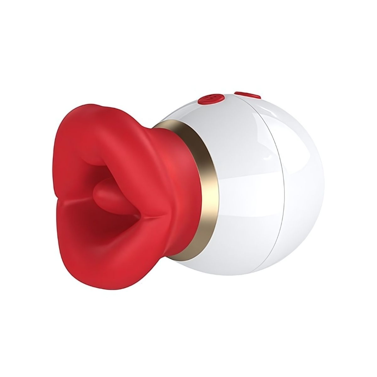 Weiß-roter Vibrator in Lippenform. Goldfarbener Ring. Zwei Knöpfe. Auf weißem Hintergrund.
