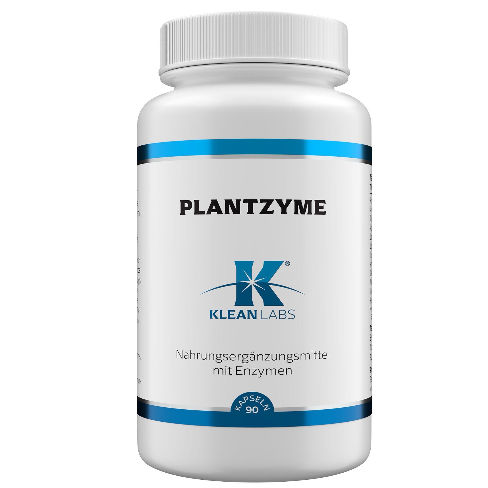 Weiße Flasche mit blauem Streifen und Aufschrift PLANTZYME, darunter Klean Labs Logo. Nahrungsergänzungsmittel mit Enzymen. 90 Kapseln.