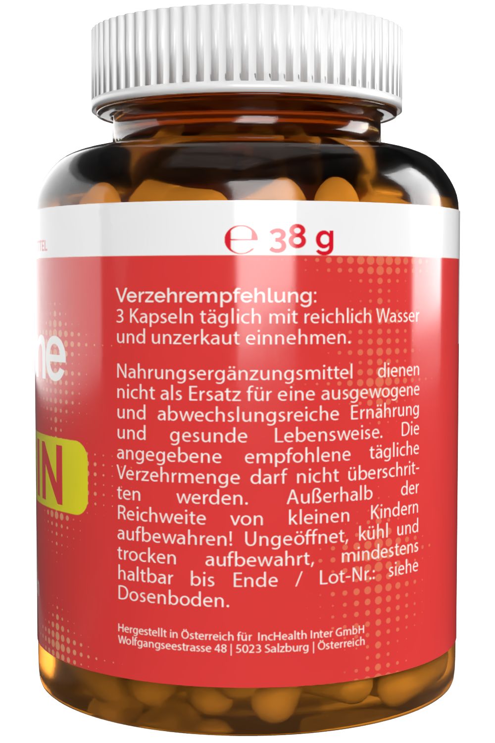 Rückseite einer Flasche mit braunen Kapseln. Rotes Etikett mit Text über Verzehrempfehlung, Nährwertangaben und Lagerungshinweise.