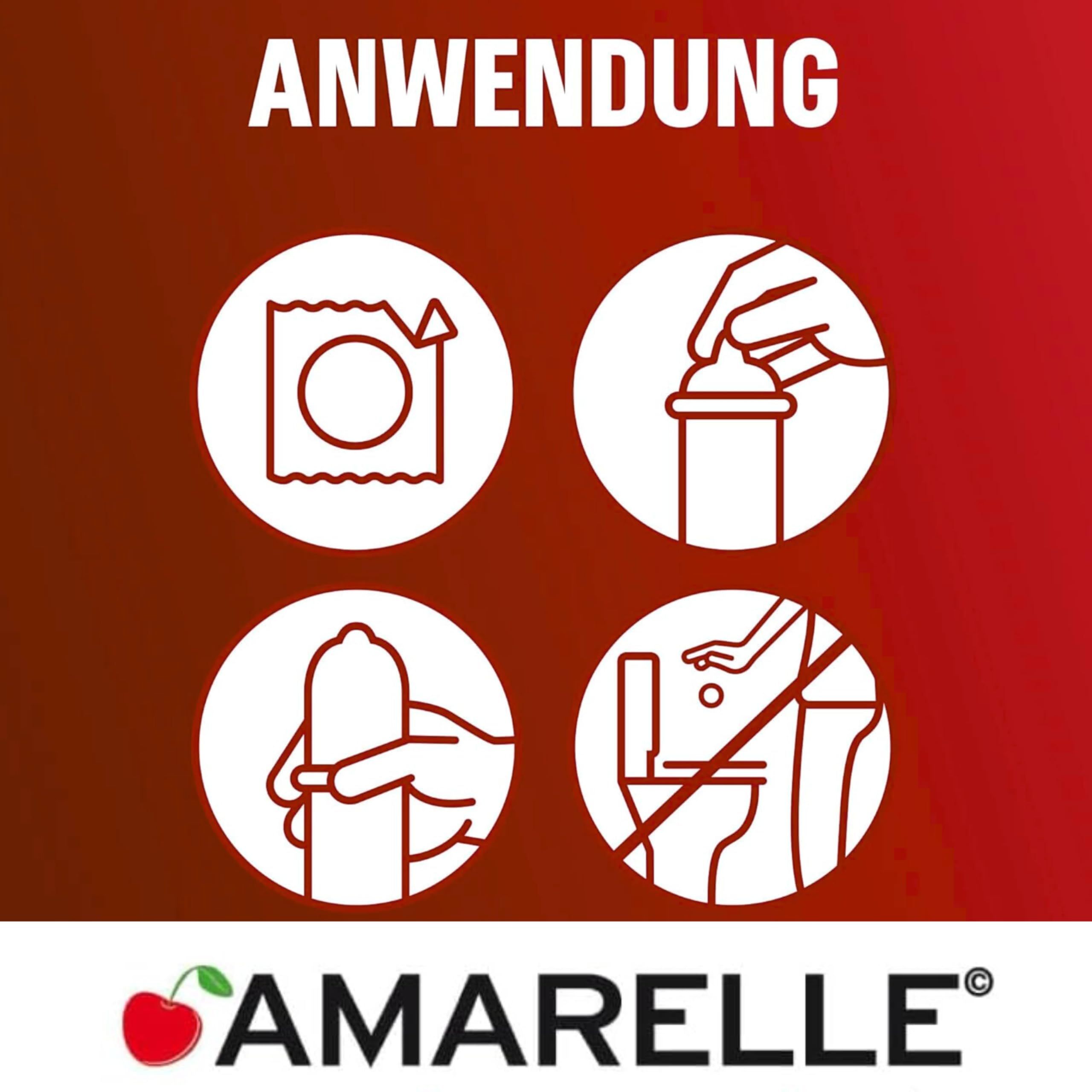 Vier Piktogramme zur Anwendung von Kondomen, unten AMARELLE Logo.
