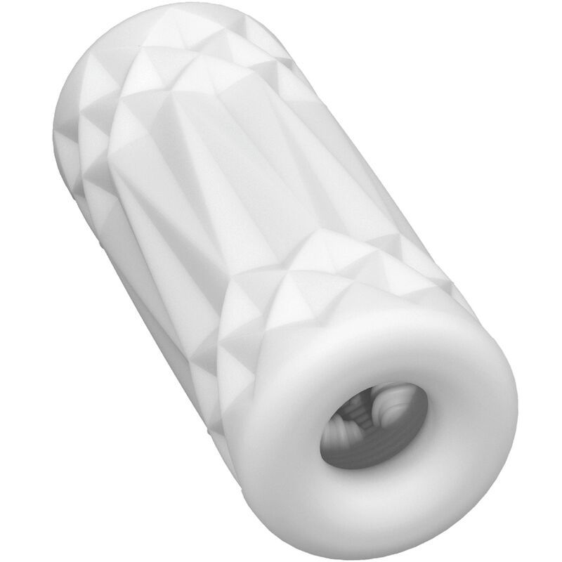 Weißes, zylindrisches Produkt mit geometrischer Oberfläche. Es hat eine Öffnung an einem Ende.