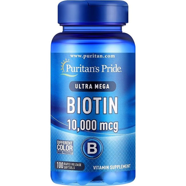Blaue Flasche mit Biotin-Kapseln. Aufschrift: Puritan's Pride, Ultra Mega Biotin 10.000 mcg, 100 Rapid Release Softgels.