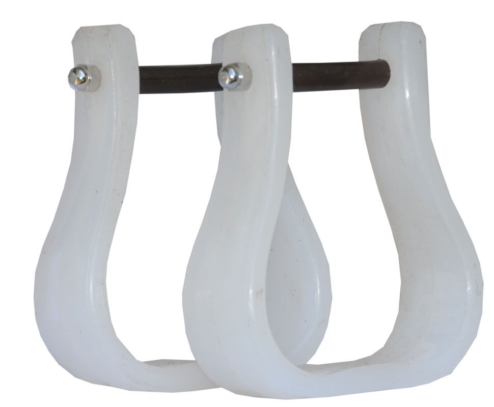 Zwei weiße Steigbügel mit brauner Stange. Die Bügel haben eine geschwungene Form und sind aus Kunststoff gefertigt. Metallverbindungen.