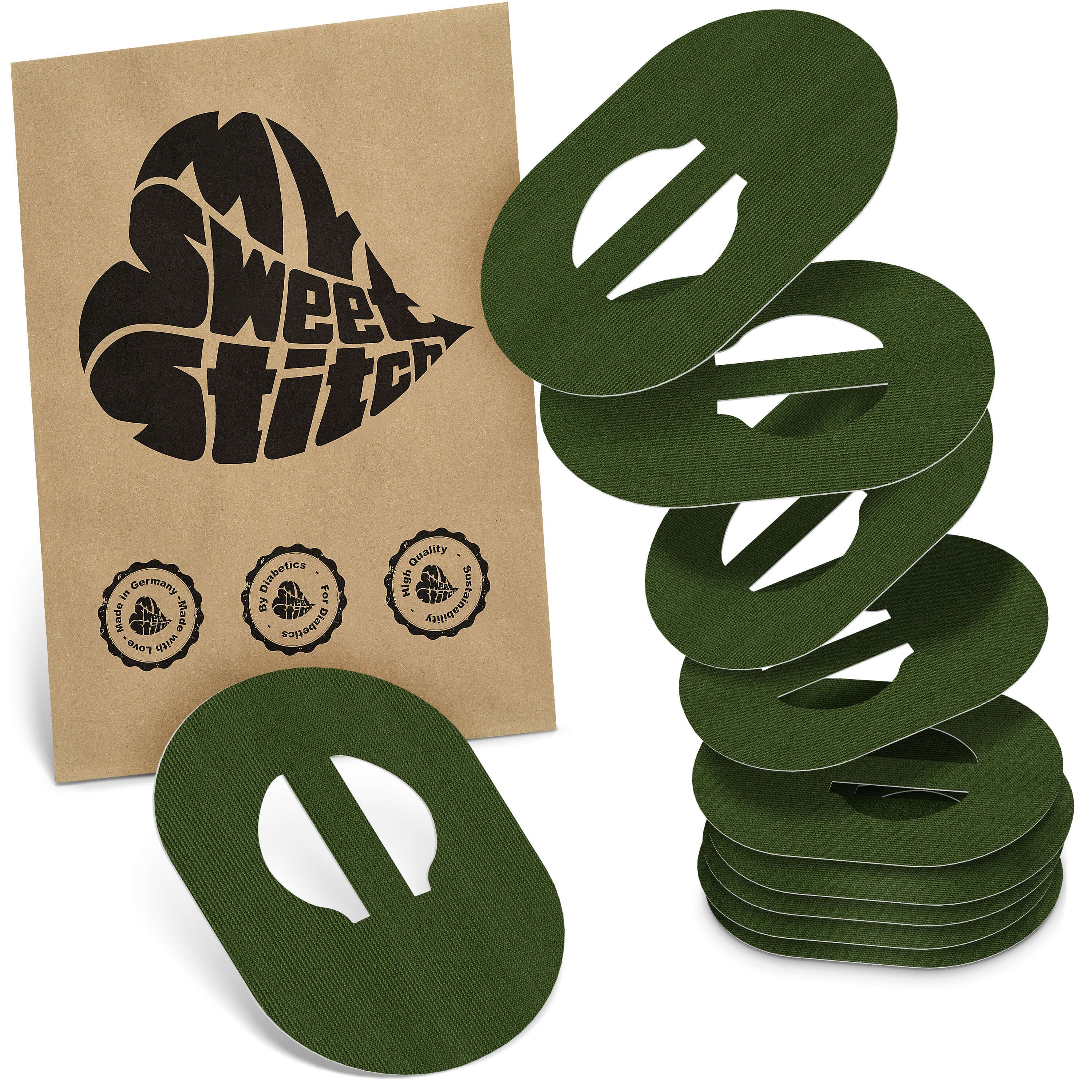 Braune Papiertüte mit Logo "MySweetStitch" und ovale, grüne Pflaster. Mehrere Pflaster sind gestapelt. Siegel mit Text.