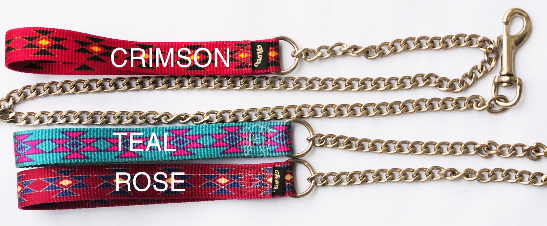 Drei Hundeleinen mit Ketten. Farben: Rot (Crimson), Türkis (Teal), und Rosa (Rose).