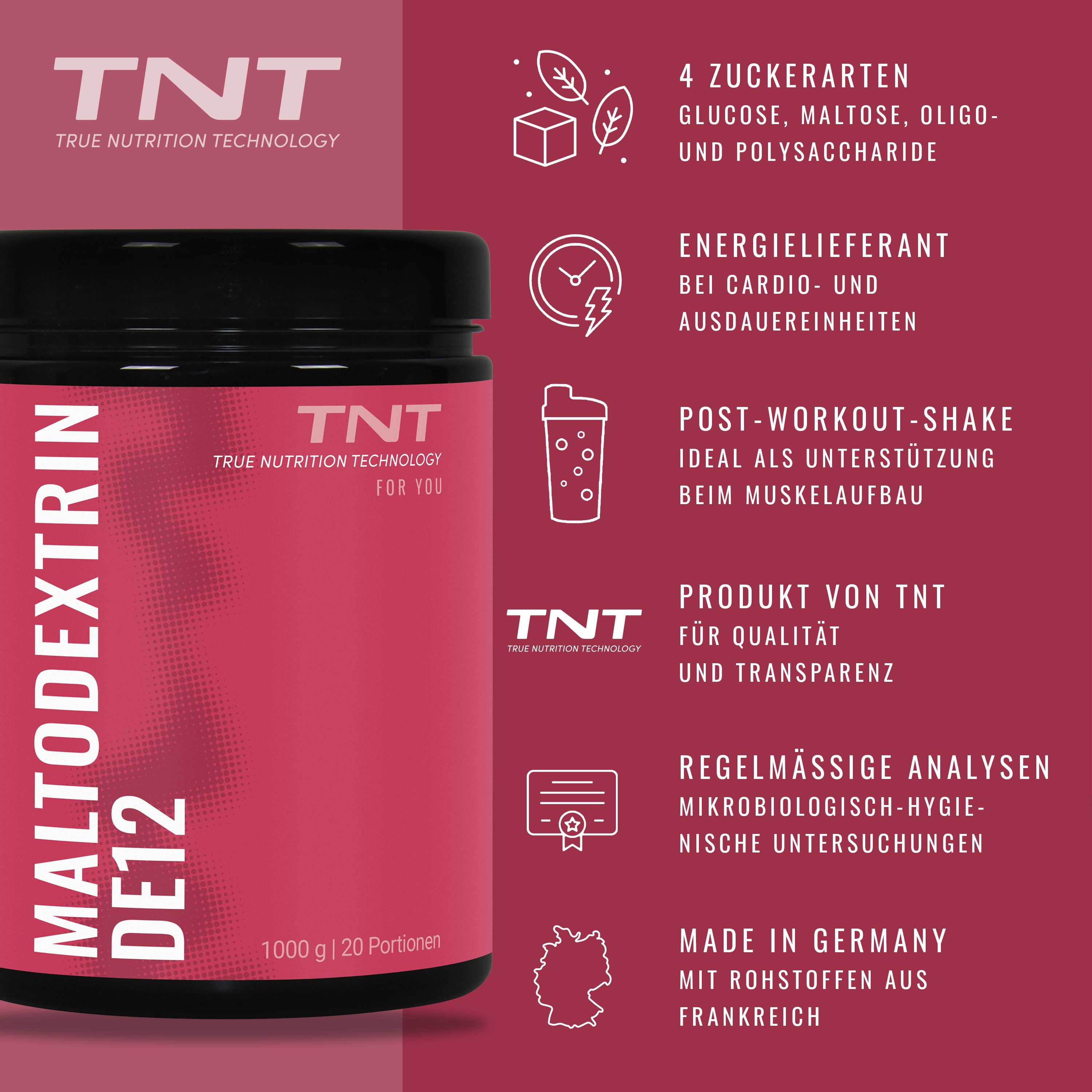 Pinkfarbener Behälter mit Text und Icons. MALTO DEXTRIN DE12, TNT Logo. Informationen zu Inhaltsstoffen und Herkunft.