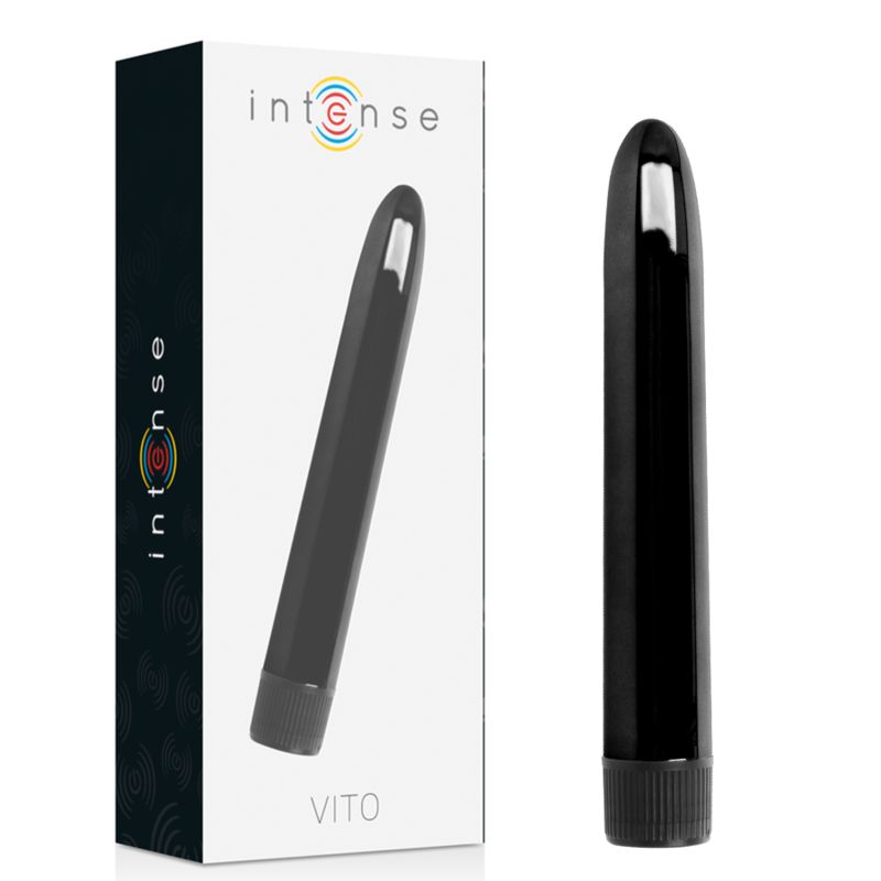 Verpackung und schwarzer Vibrator. Text: Intense, Vito. Produkt daneben.