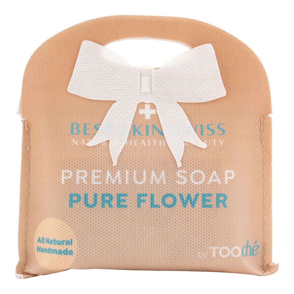 Verpackung für Seife "Pure Flower". Braune Verpackung mit Griff und Schleife. Aufschrift: Premium Soap. Marke: Tooché.