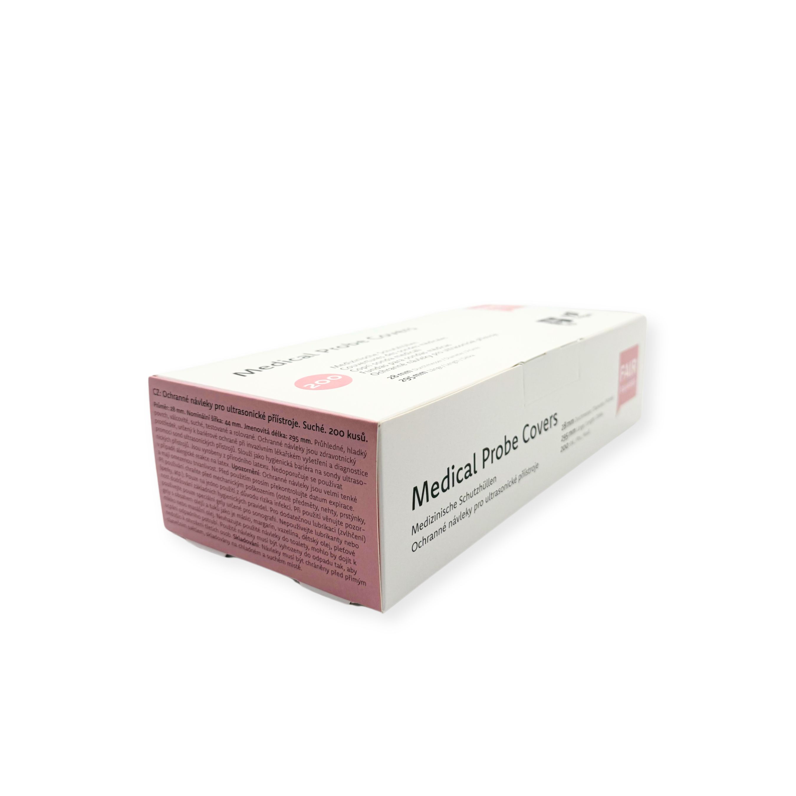 Schrägansicht der Verpackung "Medical Probe Covers". Text: Medizinische Schutzhüllen. 200 Stück. Rosa Akzent.