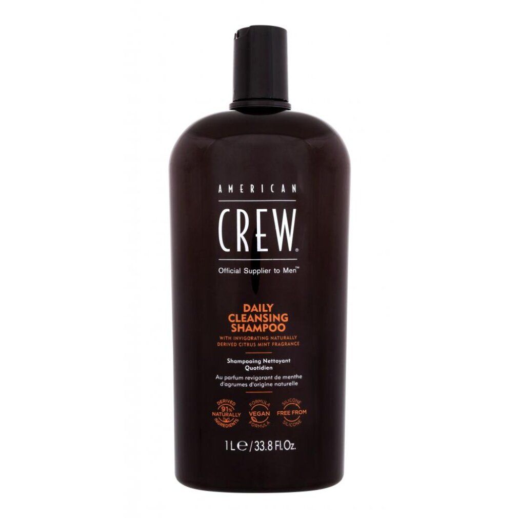 American Crew Daily Cleansing Shampoo, 1L Flasche. Dunkelbraune Verpackung mit schwarzem Verschluss.