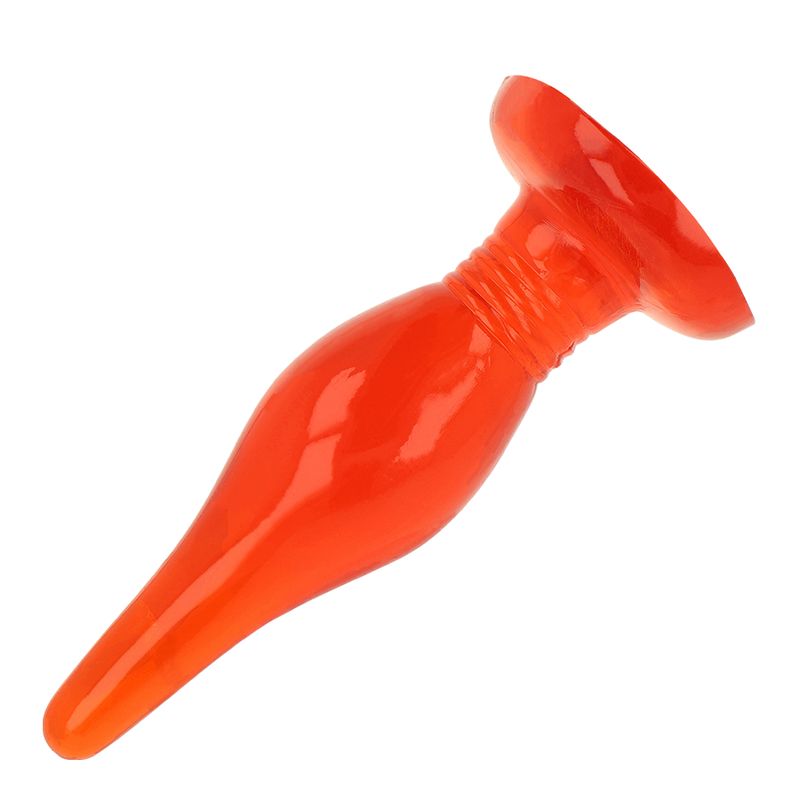 Orangefarbener Analplug, von der Seite betrachtet, mit gerilltem Hals.