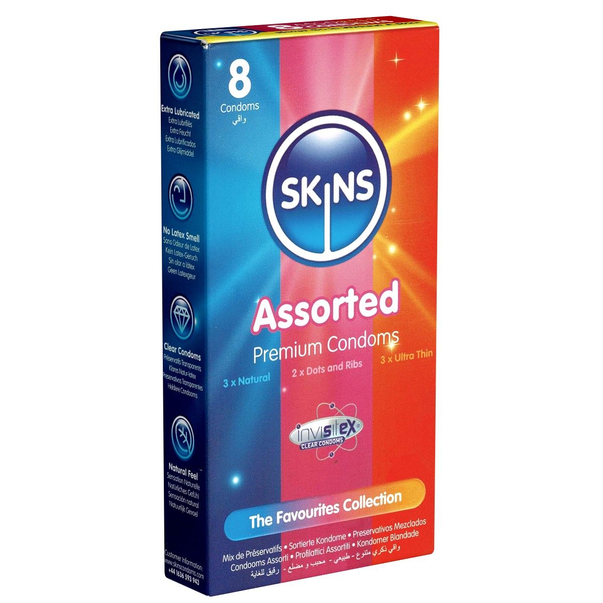 Verpackung mit Kondomen. Aufschrift: SKINS Assorted, 8 Kondome. Enthält 3x Natural, 2x Dots and Ribs, 3x Ultra Thin.